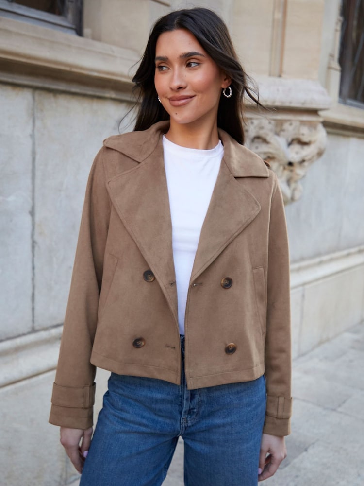 Threadbare Brown Suedette Cropped Trench Coat - Image 1 of 4 Threadbare Brown Suedette Cropped Trench Coat - Image 1 of 4