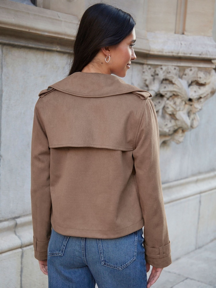 Threadbare Brown Suedette Cropped Trench Coat - Image 2 of 4 Threadbare Brown Suedette Cropped Trench Coat - Image 2 of 4