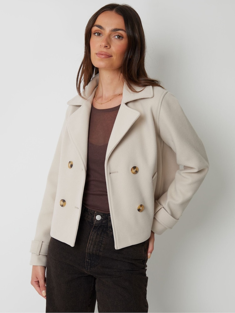 Threadbare Cream Faux Wool Cropped Trench Coat - Image 1 of 4 Threadbare Cream Faux Wool Cropped Trench Coat - Image 1 of 4