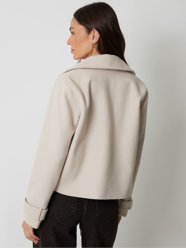 Threadbare Cream Faux Wool Cropped Trench Coat - Image 2 of 4 Threadbare Cream Faux Wool Cropped Trench Coat - Image 2 of 4