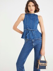 River Island Blue Bow Peplum Denim Blouse - Image 1 of 4