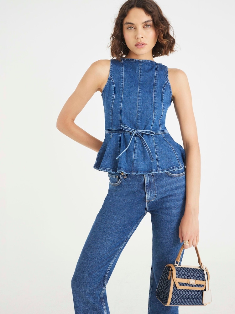 River Island Blue Bow Peplum Denim Blouse - Image 1 of 4
