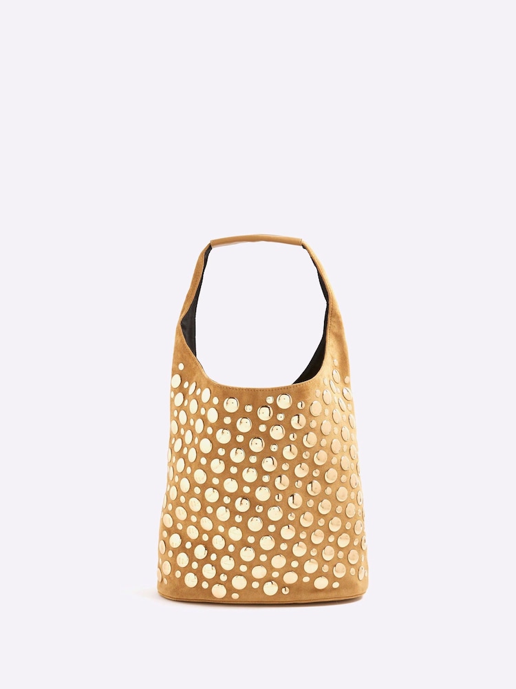 River Island Brown Studded Suedette Bucket Bag - Image 1 of 6
