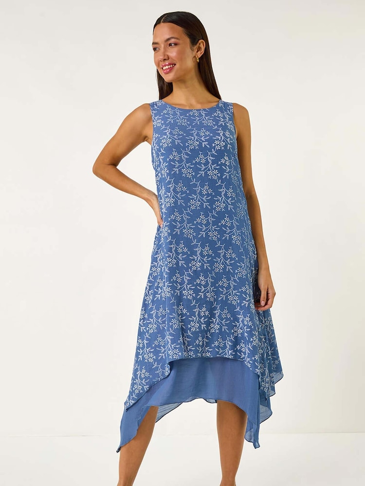 Roman Blue Floral Print Double Layer Shift Dress - Image 1 of 5
