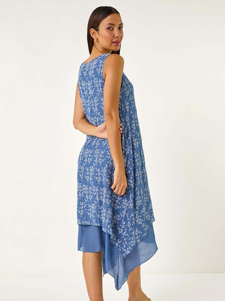 Roman Blue Floral Print Double Layer Shift Dress - Image 2 of 5
