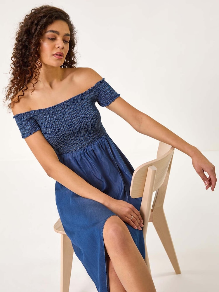 denim bardot dress Indigo Blue Button Front Bardot Denim Dress