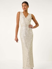 Roman Metallic Sequin Side Twist Wrap Maxi Dress - Image 1 of 5