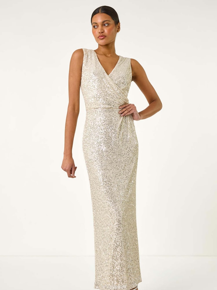 Roman Metallic Sequin Side Twist Wrap Maxi Dress - Image 1 of 5