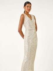 Roman Metallic Sequin Side Twist Wrap Maxi Dress - Image 3 of 5