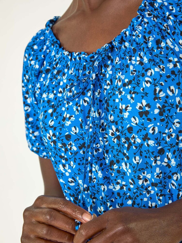 Roman Blue Ditsy Print Frill Stretch Midi Dress - Image 2 of 5