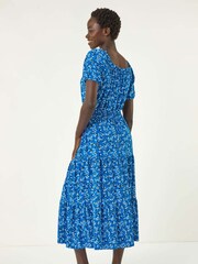 Roman Blue Ditsy Print Frill Stretch Midi Dress - Image 3 of 5