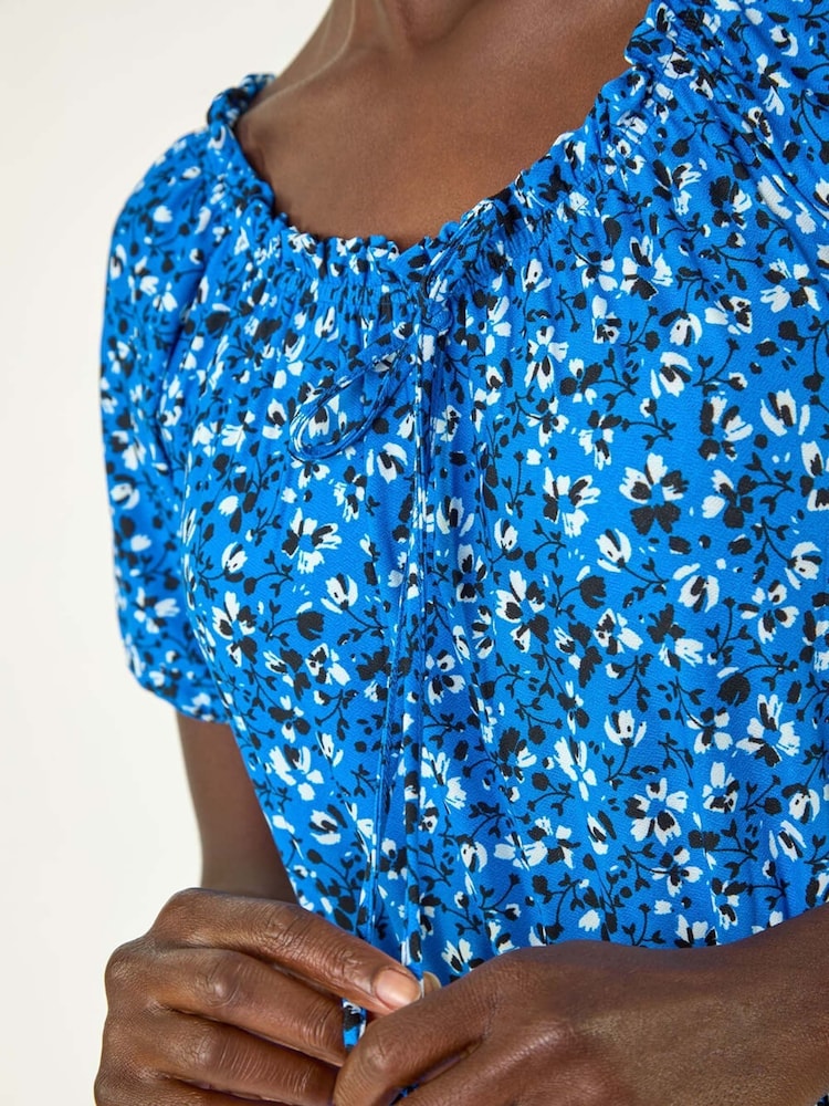 Roman Blue Ditsy Print Frill Stretch Midi Dress - Image 5 of 5 Roman Blue Ditsy Print Frill Stretch Midi Dress - Image 5 of 5