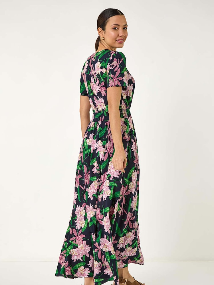 Roman Pink Floral Shirred Maxi Dress - Image 2 of 5 Roman Pink Floral Shirred Maxi Dress - Image 2 of 5