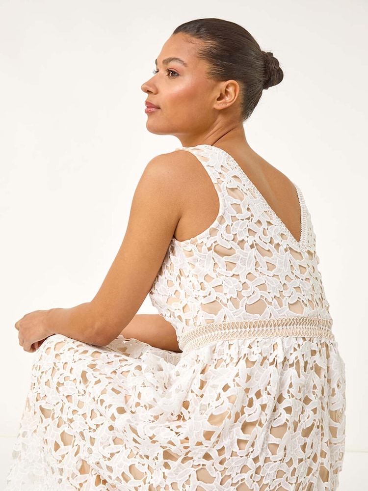 Roman White Lace Overlay V-Neck Midi Dress - Image 5 of 5