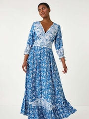 Roman Paisley Print Vestido longo e babados na bainha - Imagem 1 de 5