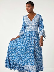 Roman Paisley Print Vestido longo e babados na bainha - Imagem 4 de 5