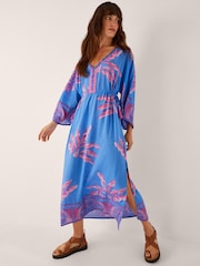 Monsoon Blue Pamela Palm Print Kaftan Dress - Image 1 of 5