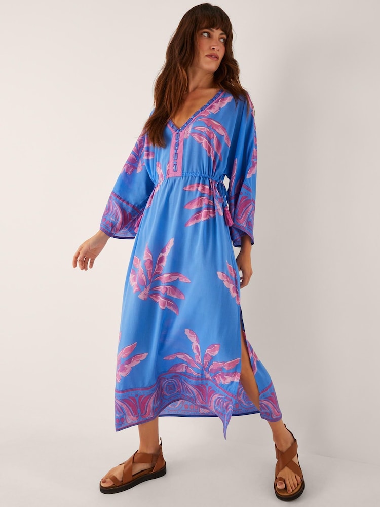 Monsoon Blue Pamela Palm Print Kaftan Dress - Image 1 of 5