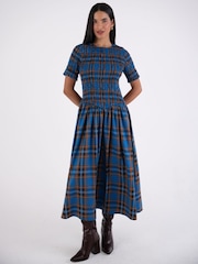 Amy Lynn Blue Beatrix Heritage Check Shirred Cotton Midaxi Dress - Image 1 of 9