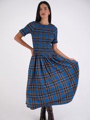 Amy Lynn Blue Beatrix Heritage Check Shirred Cotton Midaxi Dress - Image 5 of 9