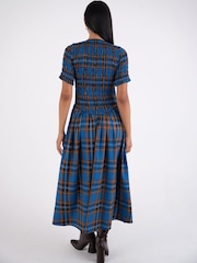 Amy Lynn Blue Beatrix Heritage Check Shirred Cotton Midaxi Dress - Image 6 of 9