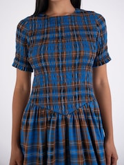 Amy Lynn Blue Beatrix Heritage Check Shirred Cotton Midaxi Dress - Image 8 of 9