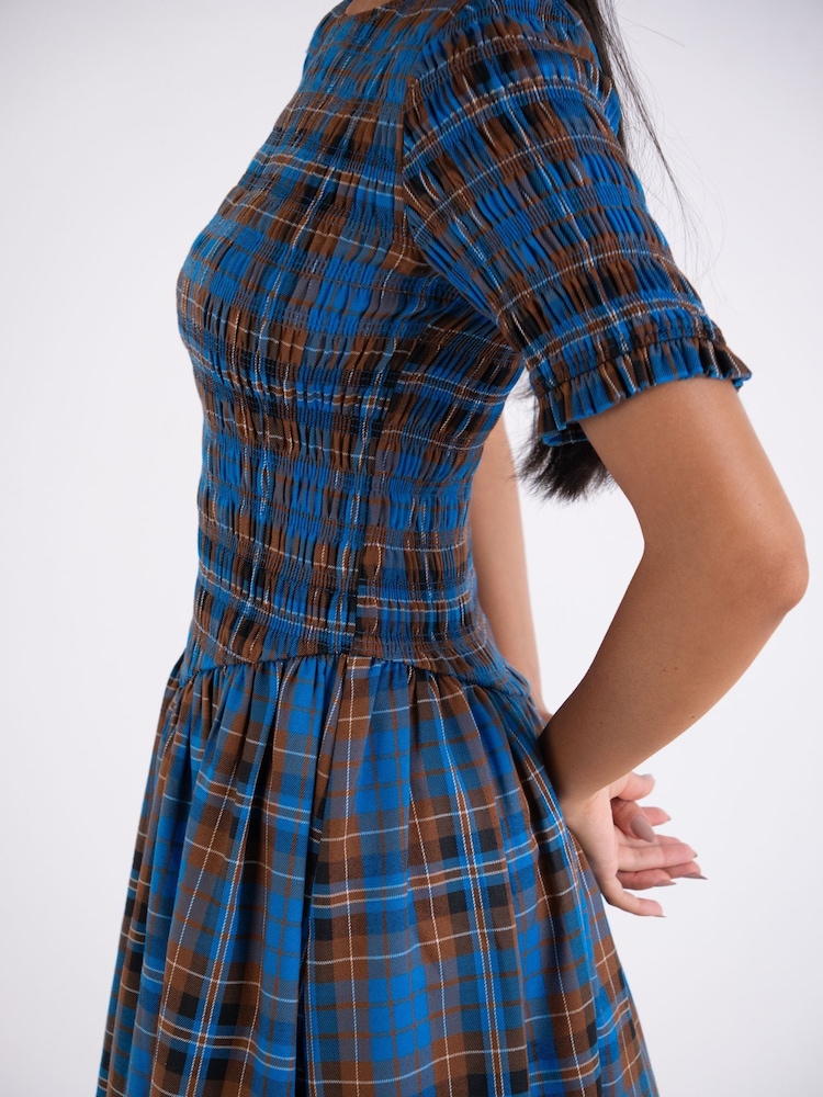 Amy Lynn Blue Beatrix Heritage Check Shirred Cotton Midaxi Dress - Image 9 of 9