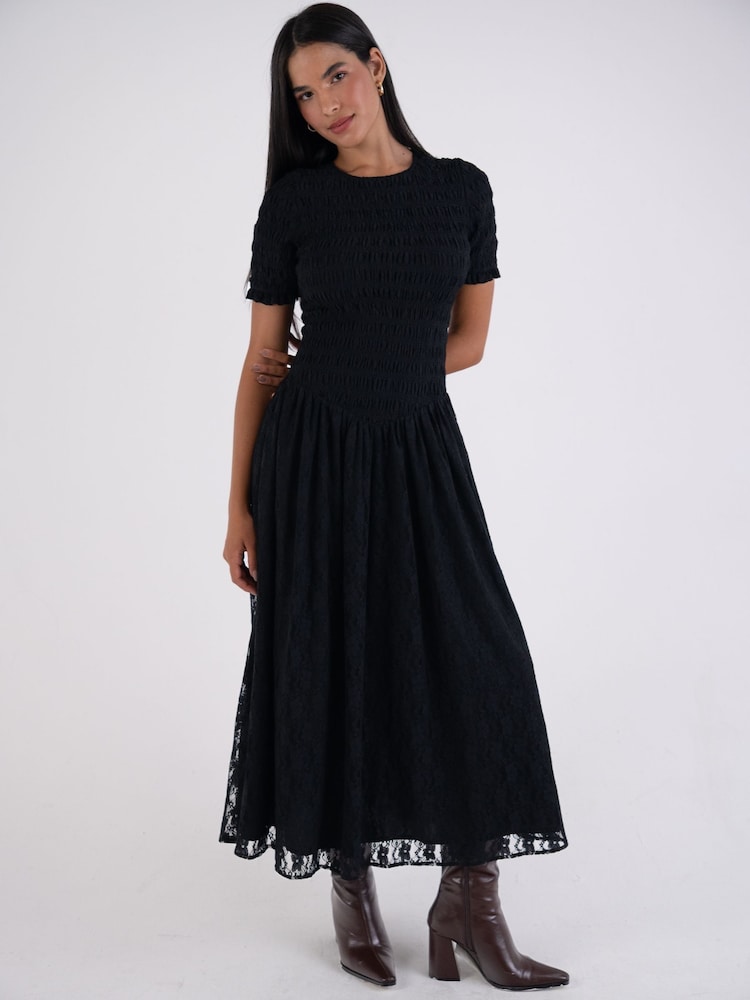 Amy Lynn Black Lacey Layered Floral Lace Shirred Midaxi Dress - Image 1 of 9 Amy Lynn Black Lacey Layered Floral Lace Shirred Midaxi Dress - Image 1 of 9