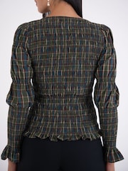 Amy Lynn Green Iris Heritage Check Shirred Cotton Long Sleeve Top - Image 3 of 6