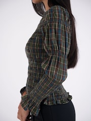 Amy Lynn Green Iris Heritage Check Shirred Cotton Long Sleeve Top - Image 4 of 6