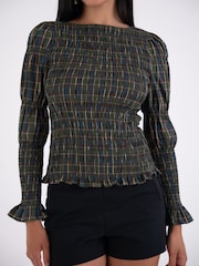 Amy Lynn Green Iris Heritage Check Shirred Cotton Long Sleeve Top - Image 5 of 6