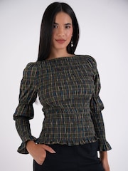 Amy Lynn Green Iris Heritage Check Shirred Cotton Long Sleeve Top - Image 6 of 6
