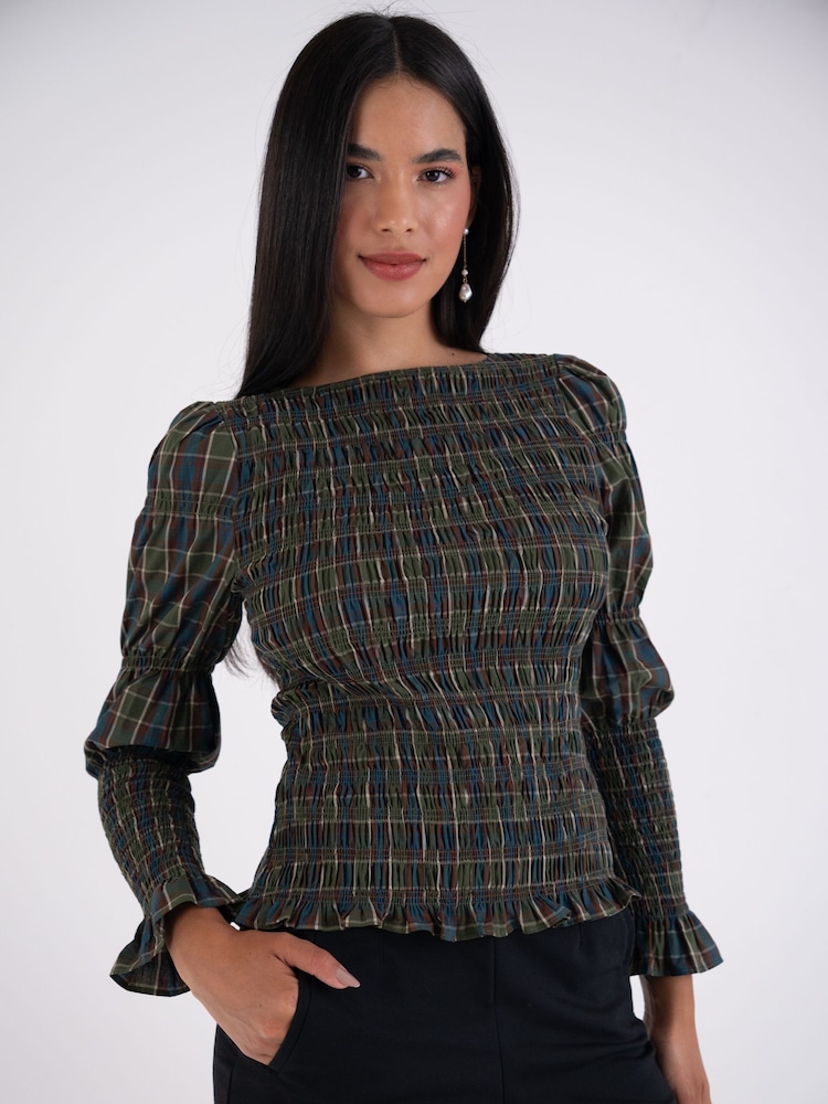 Amy Lynn Green Iris Heritage Check Shirred Cotton Long Sleeve Top - Image 6 of 6 Amy Lynn Green Iris Heritage Check Shirred Cotton Long Sleeve Top - Image 6 of 6