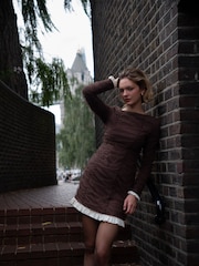 Amy Lynn Brown Edie Polka Dot Mesh Mini Ruched Long Sleeve Dress - Image 1 of 9