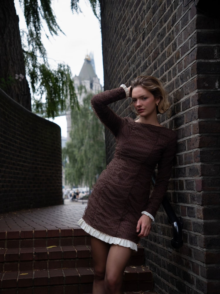 Amy Lynn Brown Edie Polka Dot Mesh Mini Ruched Long Sleeve Dress - Image 1 of 9