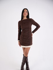 Amy Lynn Brown Edie Polka Dot Mesh Mini Ruched Long Sleeve Dress - Image 5 of 9