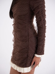 Amy Lynn Brown Edie Polka Dot Mesh Mini Ruched Long Sleeve Dress - Image 9 of 9