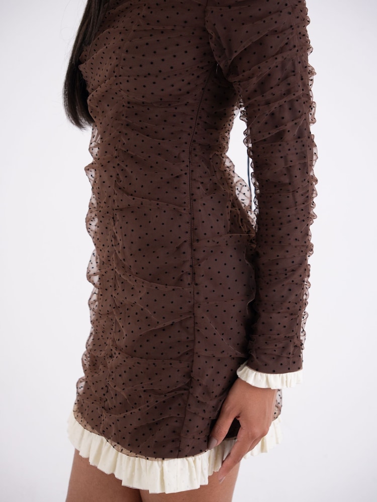 Amy Lynn Brown Edie Polka Dot Mesh Mini Ruched Long Sleeve Dress - Image 9 of 9