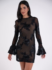 Amy Lynn Black Anastasia 3D Floral Motif Mesh Flute Sleeve Dress - Image 1 of 6