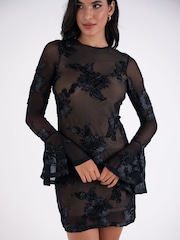 Amy Lynn Black Anastasia 3D Floral Motif Mesh Flute Sleeve Dress - Image 3 of 6