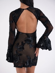 Amy Lynn Black Anastasia 3D Floral Motif Mesh Flute Sleeve Dress - Image 6 of 6