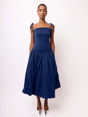 Amy Lynn Blue Alexa Puffball Cotton Midi Dress - Image 1 of 3