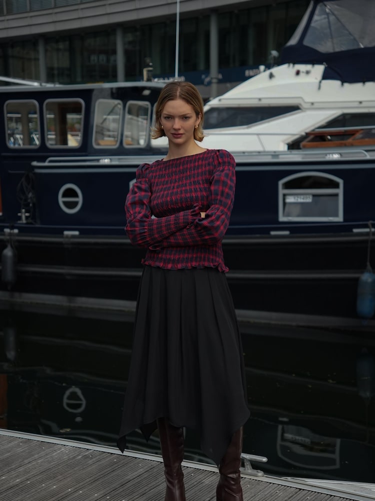 Amy Lynn Red Iris Heritage Check Shirred Cotton Long Sleeve Top - Image 1 of 7