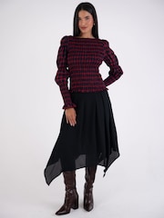 Amy Lynn Red Iris Heritage Check Shirred Cotton Long Sleeve Top - Image 3 of 7