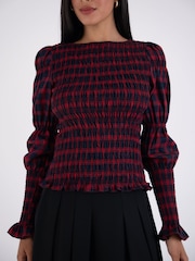 Amy Lynn Red Iris Heritage Check Shirred Cotton Long Sleeve Top - Image 5 of 7