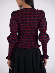 Amy Lynn Red Iris Heritage Check Shirred Cotton Long Sleeve Top - Image 6 of 7