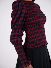 Amy Lynn Red Iris Heritage Check Shirred Cotton Long Sleeve Top - Image 7 of 7