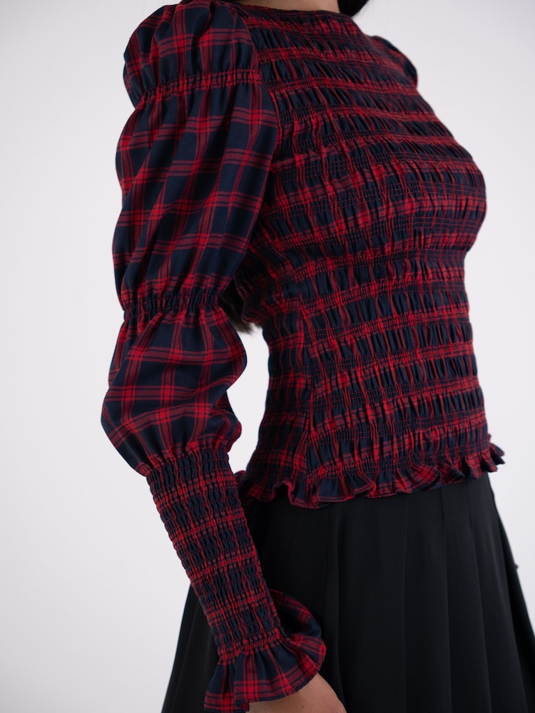 Amy Lynn Red Iris Heritage Check Shirred Cotton Long Sleeve Top - Image 7 of 7