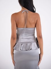 Amy Lynn Silver Satin Rose Appliqué Asymmetric Top - Image 8 of 10