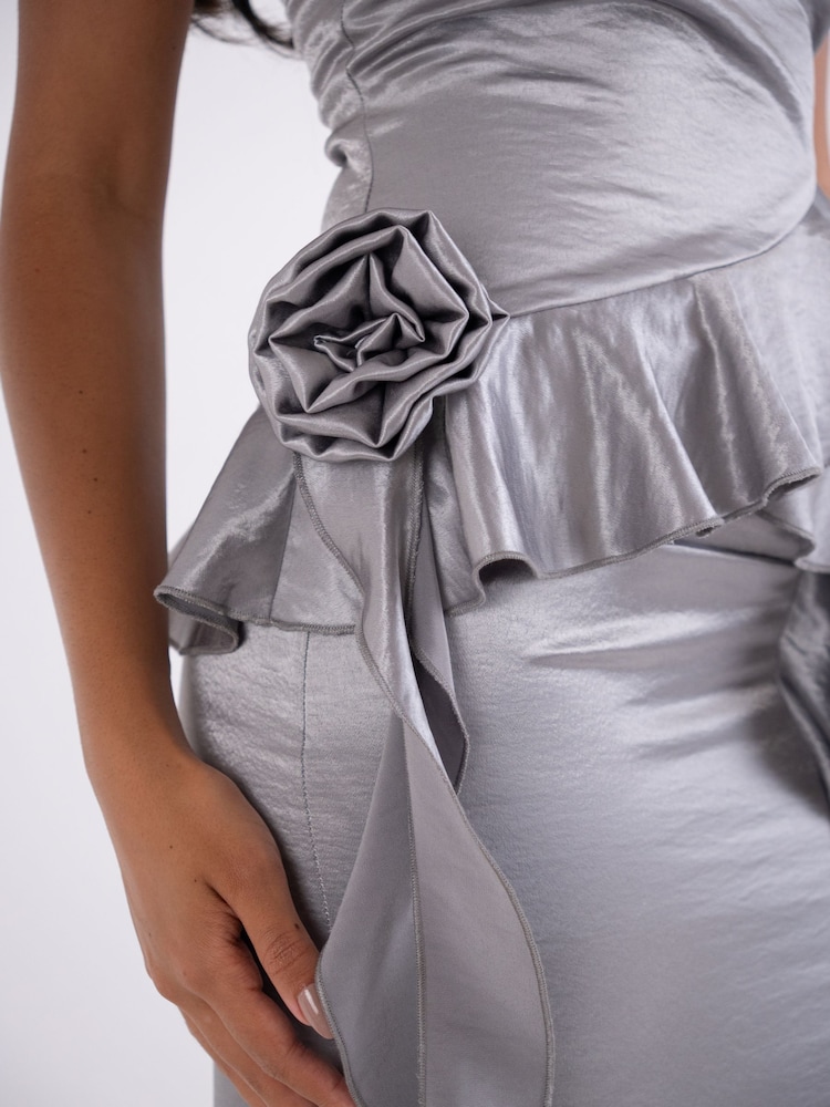 Amy Lynn Silver Satin Rose Appliqué Asymmetric Top - Image 10 of 10 Amy Lynn Silver Satin Rose Appliqué Asymmetric Top - Image 10 of 10